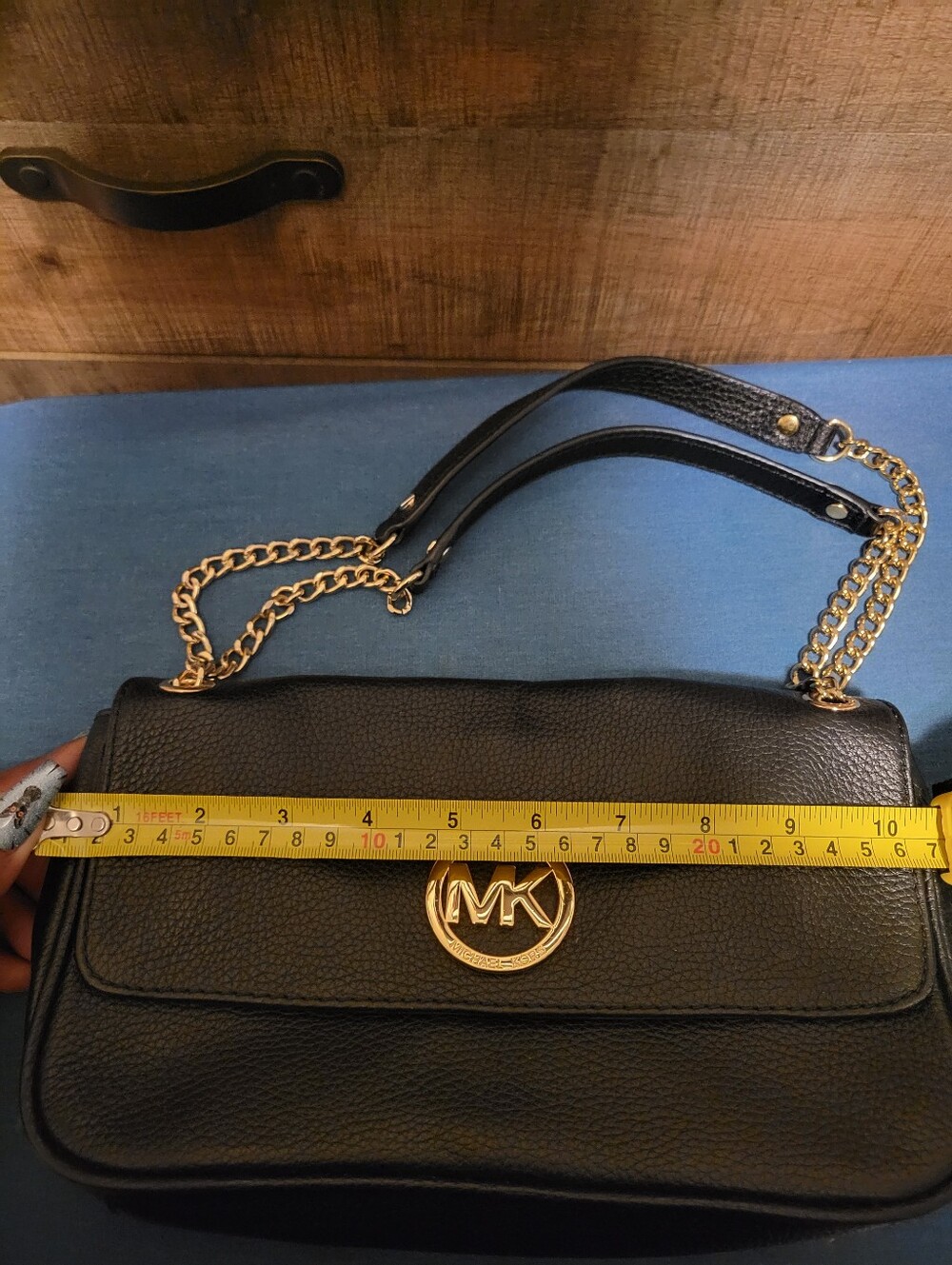 Michael Kors Black Leather Crossbody with Gold MK Chain - Picture 4 of 8